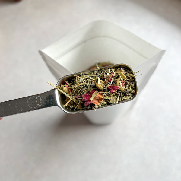 Tea leaves in a metal scoop over a white container on a light background